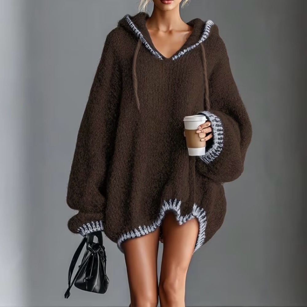 Brown Oversized Sweater Hoodie Cozy Knit Pullover Size L